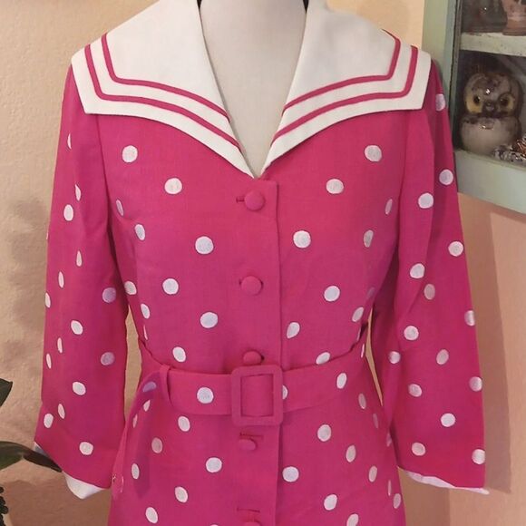 Doreen Lok Pink Polka Dot Dress with White Collar.Vintage. Polka Dot. - Picture 2 of 12